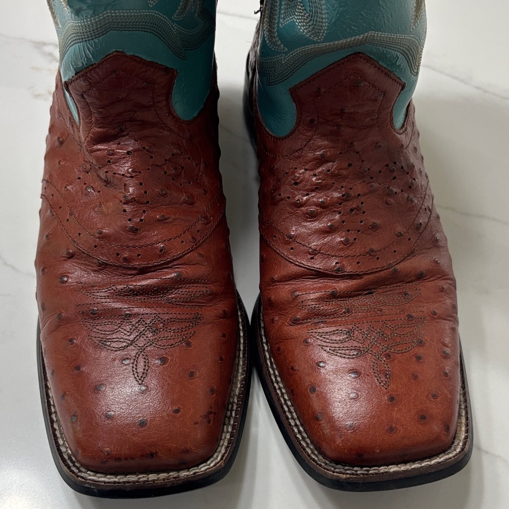 Justin Boots Brown and Teal Ostrich Leather Western Boots